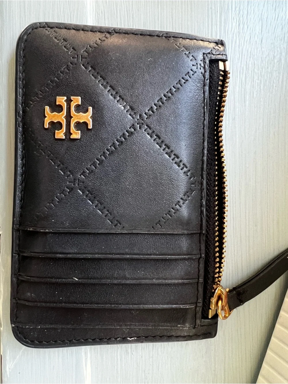 Tory Burch Black Quilted Leather Card holder with Gold Logo